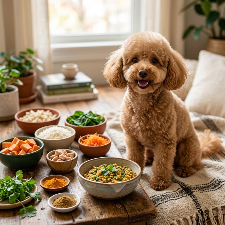 Zierhund genießt ayurvedisches Essen, symbolisiert ganzheitliches Wohlbefinden durch ayurvedische Ernährungsanpassung.