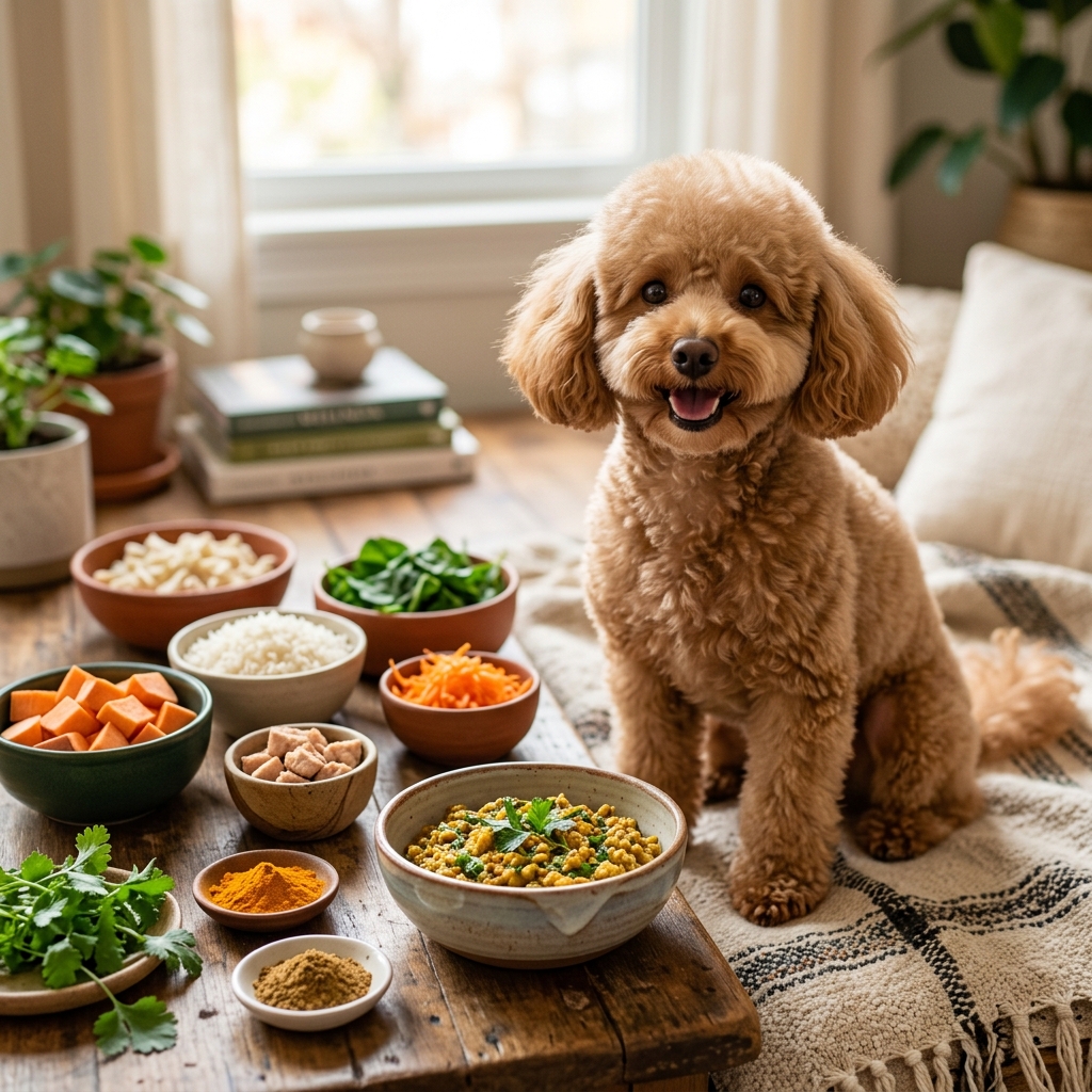 Zierhund genießt ayurvedisches Essen, symbolisiert ganzheitliches Wohlbefinden durch ayurvedische Ernährungsanpassung.