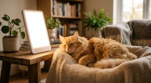 Katze genießt Lichttherapie; Hilfe bei saisonaler Depression durch UV-Lampe zur Linderung von Winterblues.