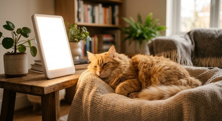 Katze genießt Lichttherapie; Hilfe bei saisonaler Depression durch UV-Lampe zur Linderung von Winterblues.