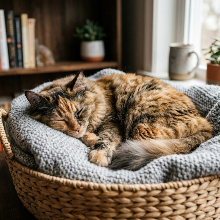 Katze entspannt durch Magnetfeldtherapie auf Kissen schlafend, Optimierung Schlaf Samtpfoten.