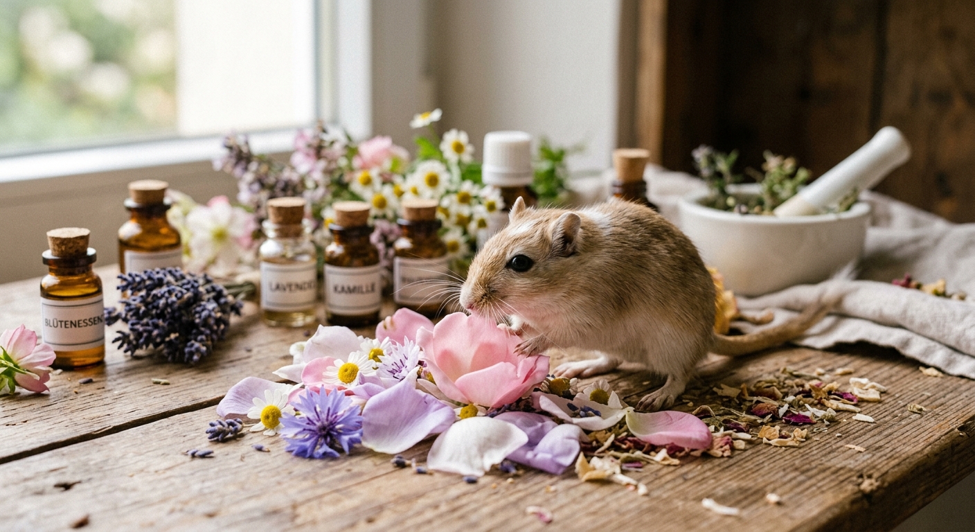 Eine furchtsame Rennmaus schnuppert an einer Flasche Blütenessenzen für sanfte seelische Unterstützung.