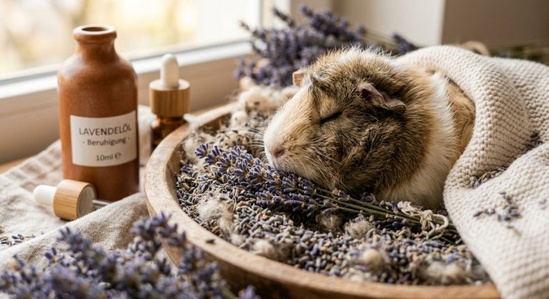 Meerschweinchen schnuppert an Lavendelöl für Beruhigung, sanfte Therapie gegen Nervosität, Nahaufnahme.
