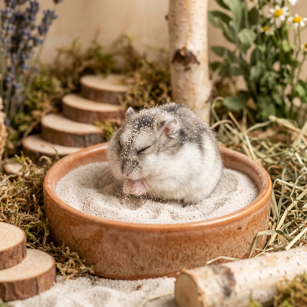 Kleinnager genießt Sandbad-Therapie in natürlicher Umgebung zur Stressreduktion.