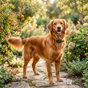Hund mit glänzendem Fell dank Granatapfelextrakt im Garten.