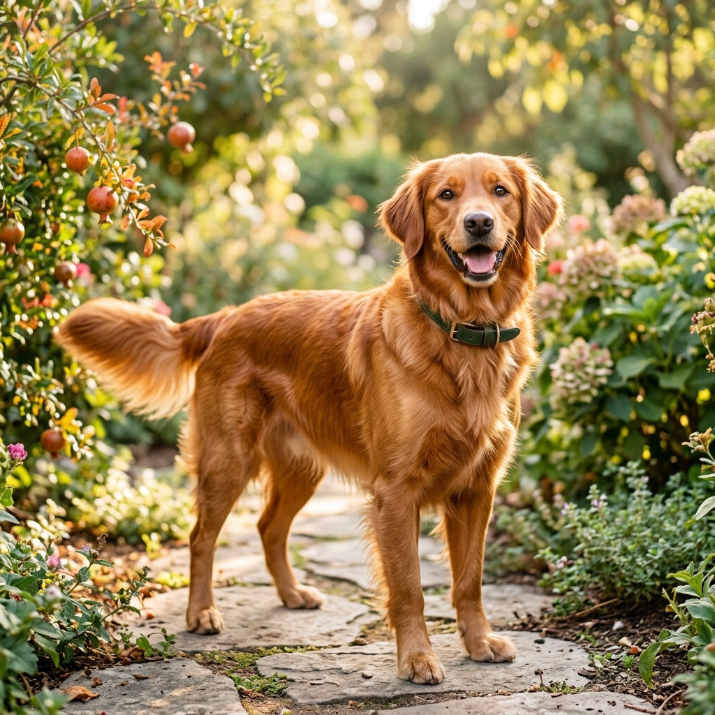 Hund mit glänzendem Fell dank Granatapfelextrakt im Garten.