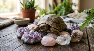 Schildkröte mit Edelsteinen, Edelsteintherapie, Naturheilkunde für melancholische Schildkröten, sanfte Heilungsmethoden.