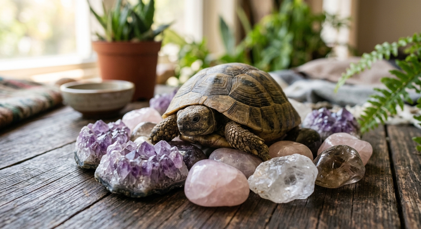 Schildkröte mit Edelsteinen, Edelsteintherapie, Naturheilkunde für melancholische Schildkröten, sanfte Heilungsmethoden.