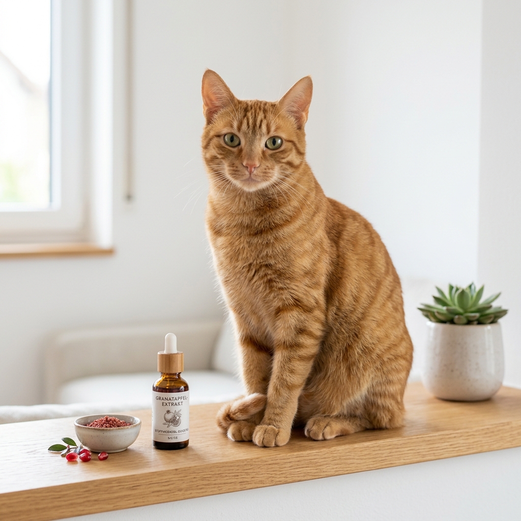 Katze neben Granatapfel-Extrakt-Flasche auf Holztisch, natürliches Stoffwechsel-Booster-Mittel für Katzen.
