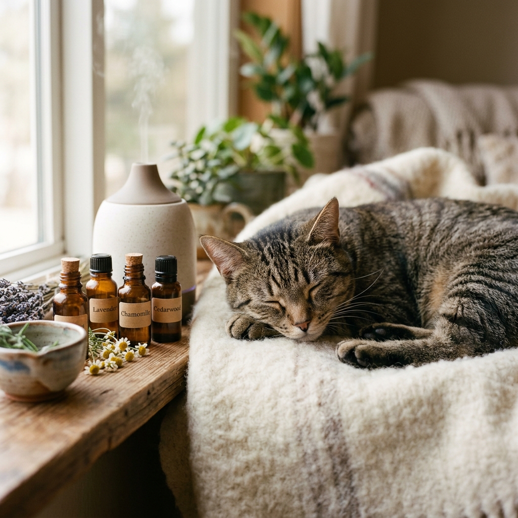 Hauskatze schnuppert an ätherischen Ölen, Aromatherapie für Wohlbefinden und Trost, Fokus auf trauernde Samtpfoten.