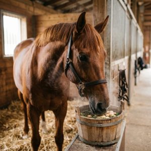 Pferd bei Ingwer-Inhalation zur Atmungsunterstützung im Stall, gesundheitsfördernde Naturmethode für Tiere.