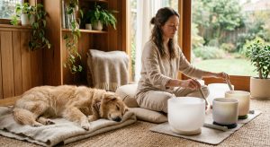 Hund entspannt neben Klangschale in Natur, Klangschalenmeditation hilft bei Angstbewältigung, friedliche Atmosphäre.