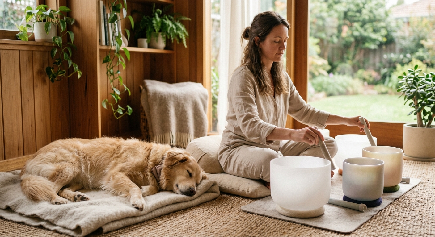 Hund entspannt neben Klangschale in Natur, Klangschalenmeditation hilft bei Angstbewältigung, friedliche Atmosphäre.
