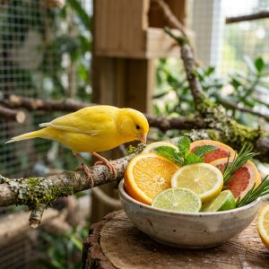 Kanarienvogel genießt Zitrusdüfte in Wohlfühlumgebung, Aromatherapie für Vögel, frische Zitrusnoten bei Federtieren.