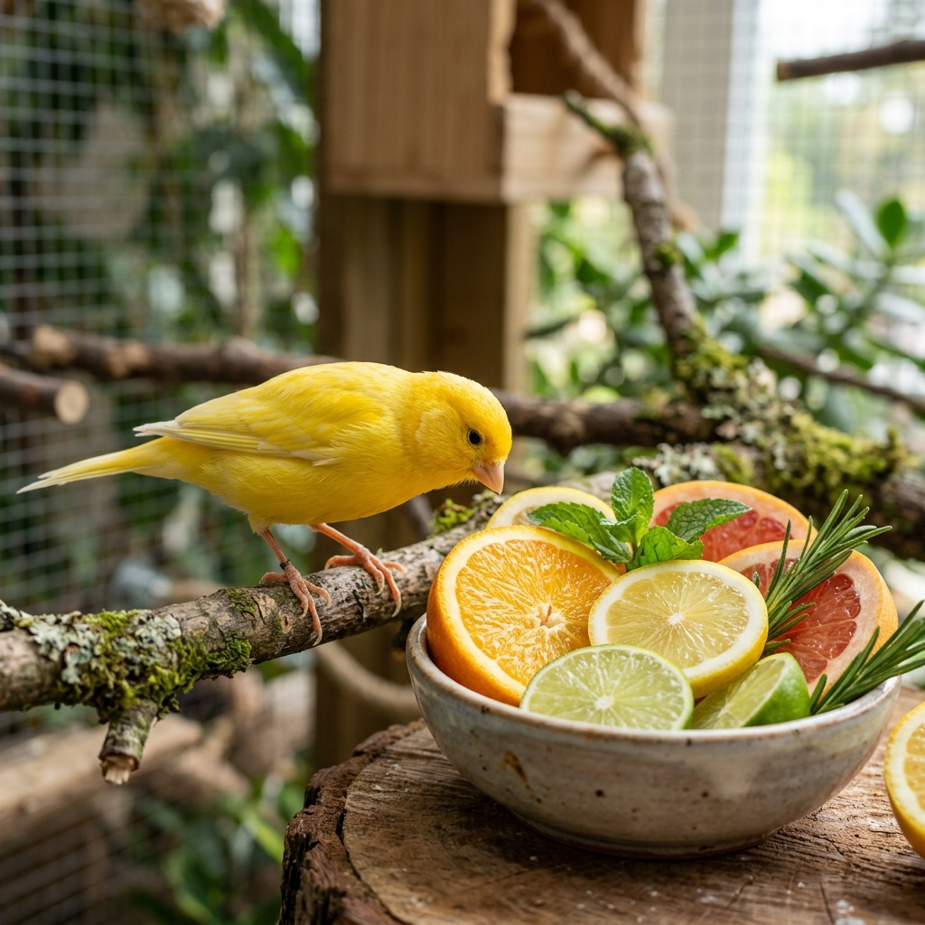 Kanarienvogel genießt Zitrusdüfte in Wohlfühlumgebung, Aromatherapie für Vögel, frische Zitrusnoten bei Federtieren.