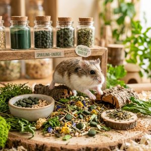 Farbenfrohe Spirulina-Flocken als vitalisierendes Nagerfutter, das Energie und Gesundheit fördert. Fokus: Spirulina-Energiefo