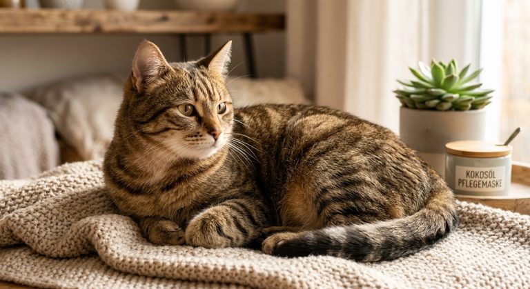 Katzenfell glänzend durch Kokosöl-Pflegemaske, natürliche Pflege für Samtpfoten, gesunde Haut und glänzendes Fell.