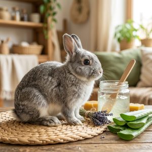 Kaninchen mit gesundem Fell dank Aloe-Vera-Gel-Pflege, natürliche Hautpflege für Kaninchen im Fokus.