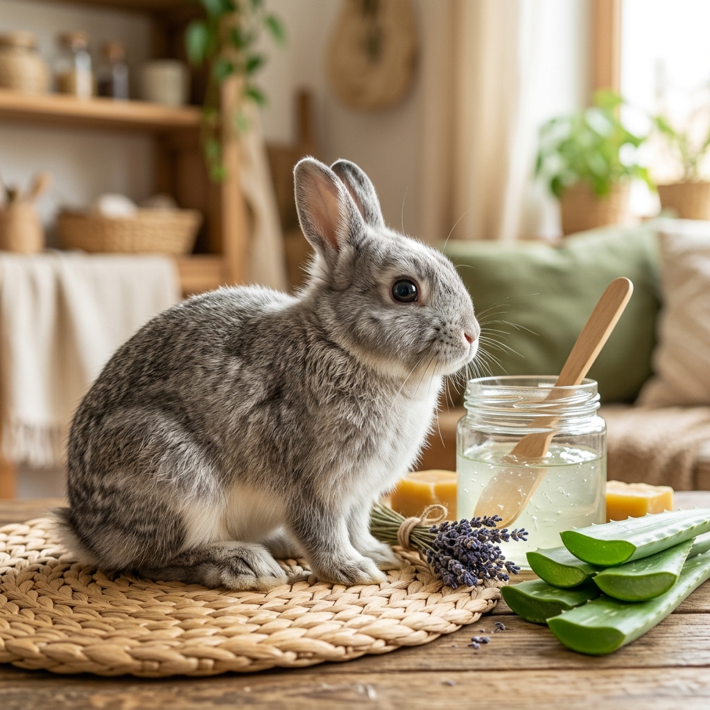Kaninchen mit gesundem Fell dank Aloe-Vera-Gel-Pflege, natürliche Hautpflege für Kaninchen im Fokus.