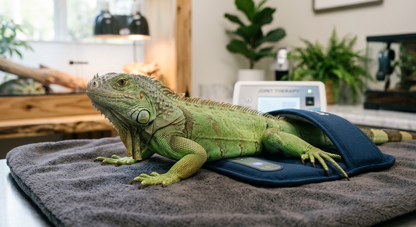 Reptil auf Stein mit Magnetfeldtherapiegerät zur Förderung der Gelenkgesundheit in der Naturheilkunde.