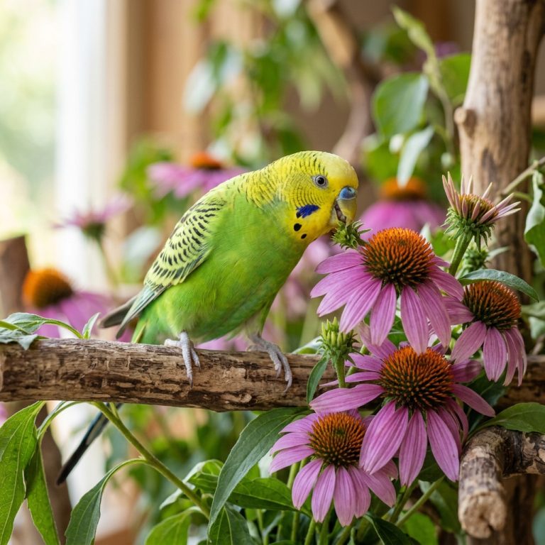 Ziervögel fressen Echinacea für starke Schnäbel und Federn, natürliche Immunstärkung im Garten.