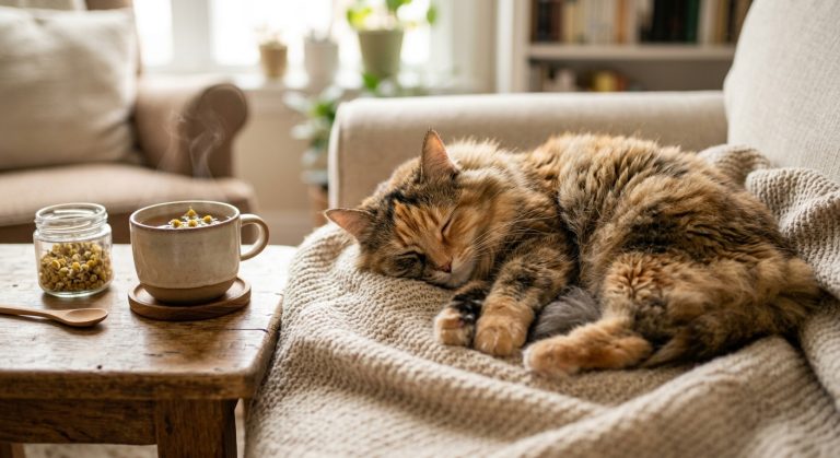 Katze schläft entspannt neben einer Tasse Kamillentee, ideal zur Stressreduktion bei Katzen. Fokus: Kamillentee, gestresste K