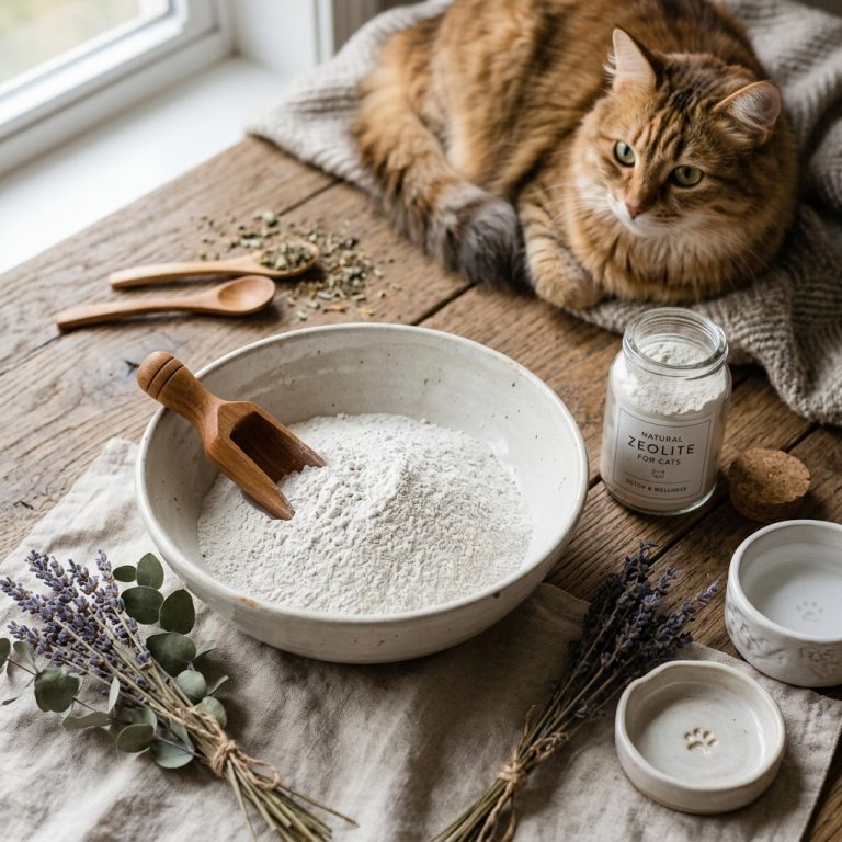 Zeolith-Pulver in Nahaufnahme neben einer zufriedenen Katze, unterstützt die Katzengesundheit auf natürliche Weise.