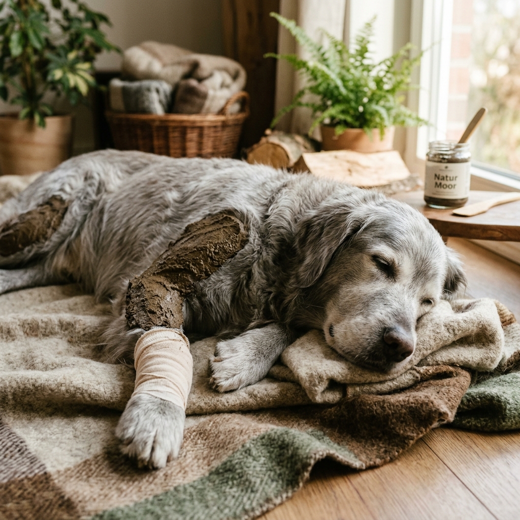 Hund genießt Moorbehandlung im Freien, natürliche Linderung für arthritische Hunde, entspannend und heilend.