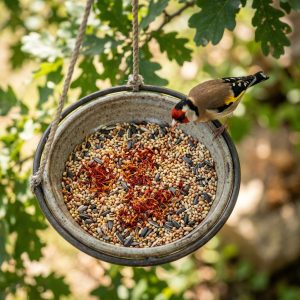 Vögel picken Safran aus einer Schale zur Appetitanregung an einer rustikalen Holzoberfläche.
