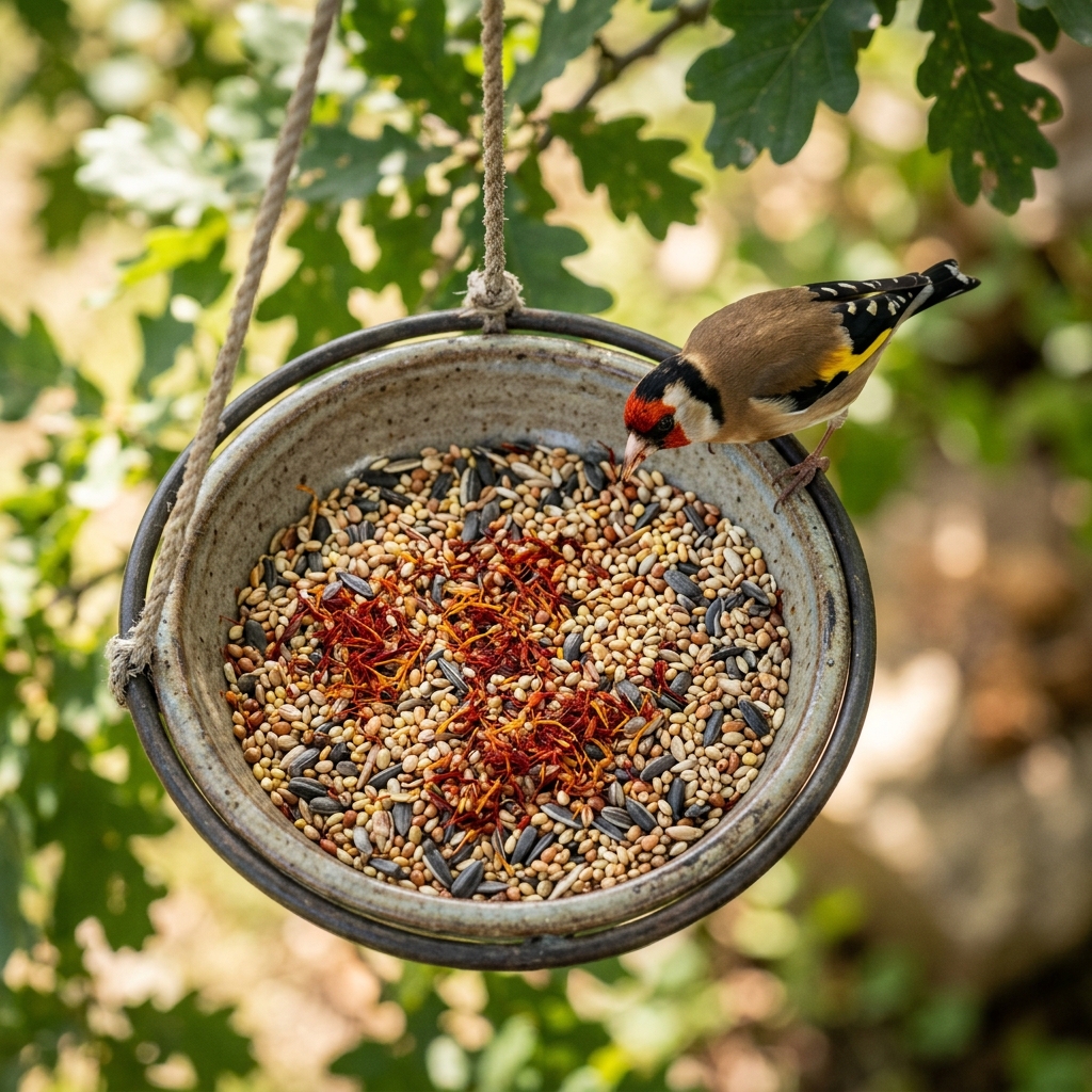 Vögel picken Safran aus einer Schale zur Appetitanregung an einer rustikalen Holzoberfläche.