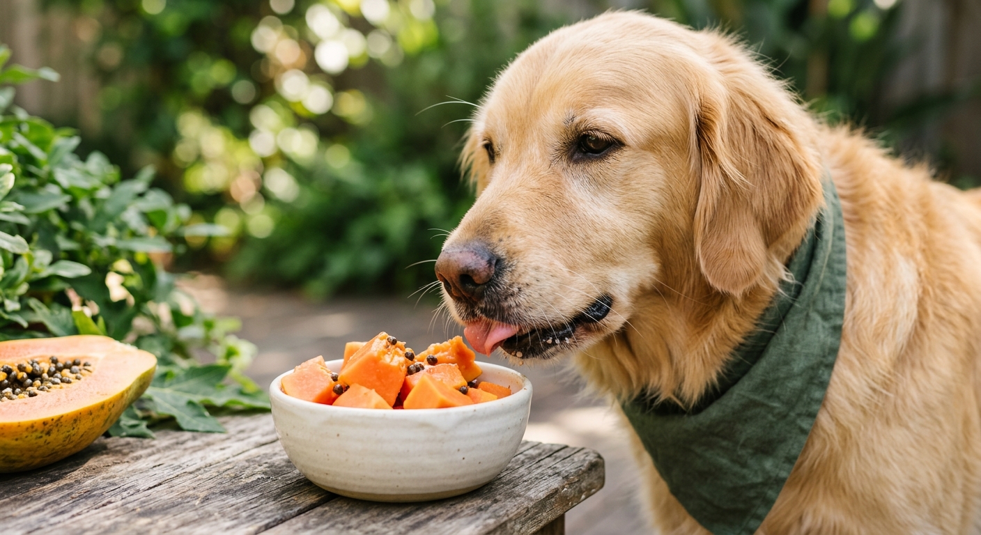 Hund frisst Papaya-Enzyme, fördert Darmgesundheit, natürliche Unterstützung, glücklich im Freien.
