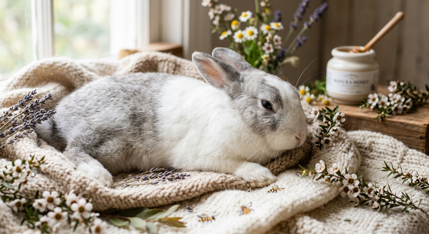 Ein Hase genießt Manuka-Honig-Pflege, beruhigt irritierte Haut, natürliche Sanftheit, Manuka-Honig-Wunder.