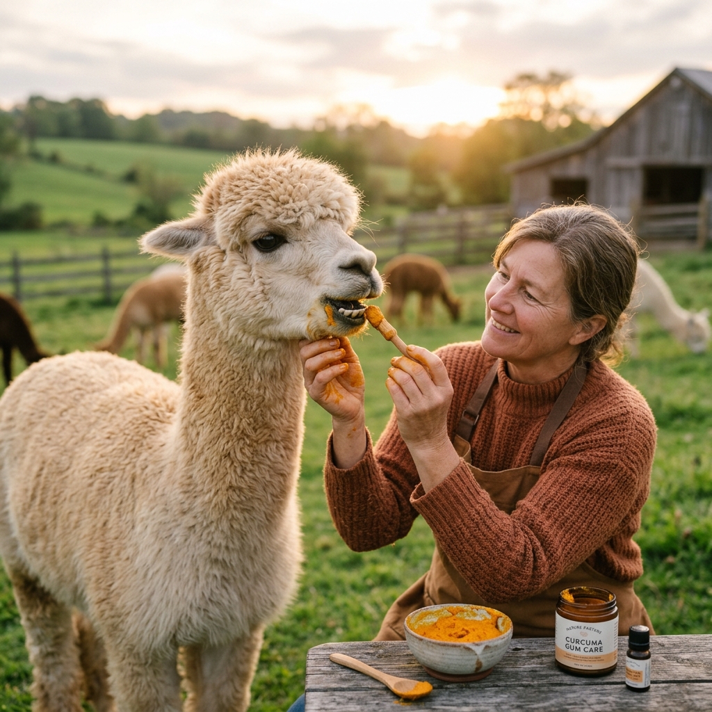 Alpaka wird mit Kurkumapaste gepflegt, um gesundes Zahnfleisch zu fördern, natürliche Pflege für Alpakas.